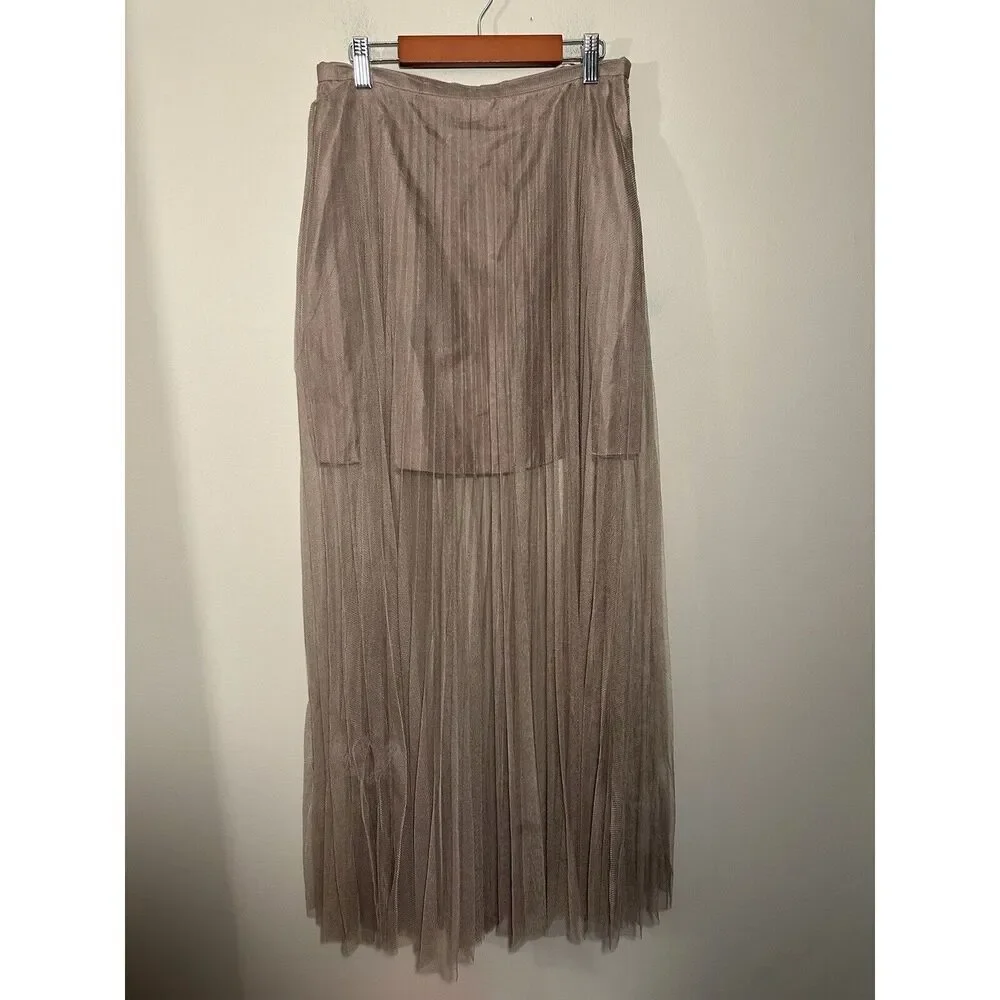 Silvian Heach Sheer‎ Long Skirt Lined Pleated Women’s Size Small Dark Tan